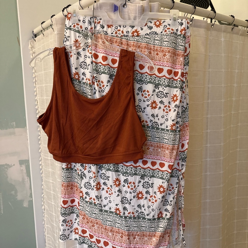Boho Print Lounge Set Crop Tank & Slit skirt set Women’s XXL